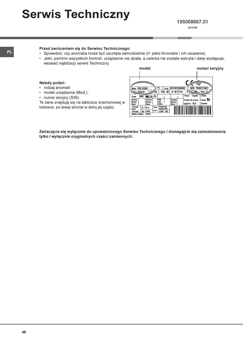 Serwis techniczny | Hotpoint Ariston Combiné NMBL 1922 CVW-HA User Manual | Page 48 / 60
