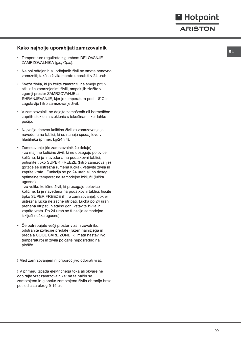 Kako najbolje uporabljati zamrzovalnik | Hotpoint Ariston Combiné NMBL 1922 CVW-HA User Manual | Page 55 / 60