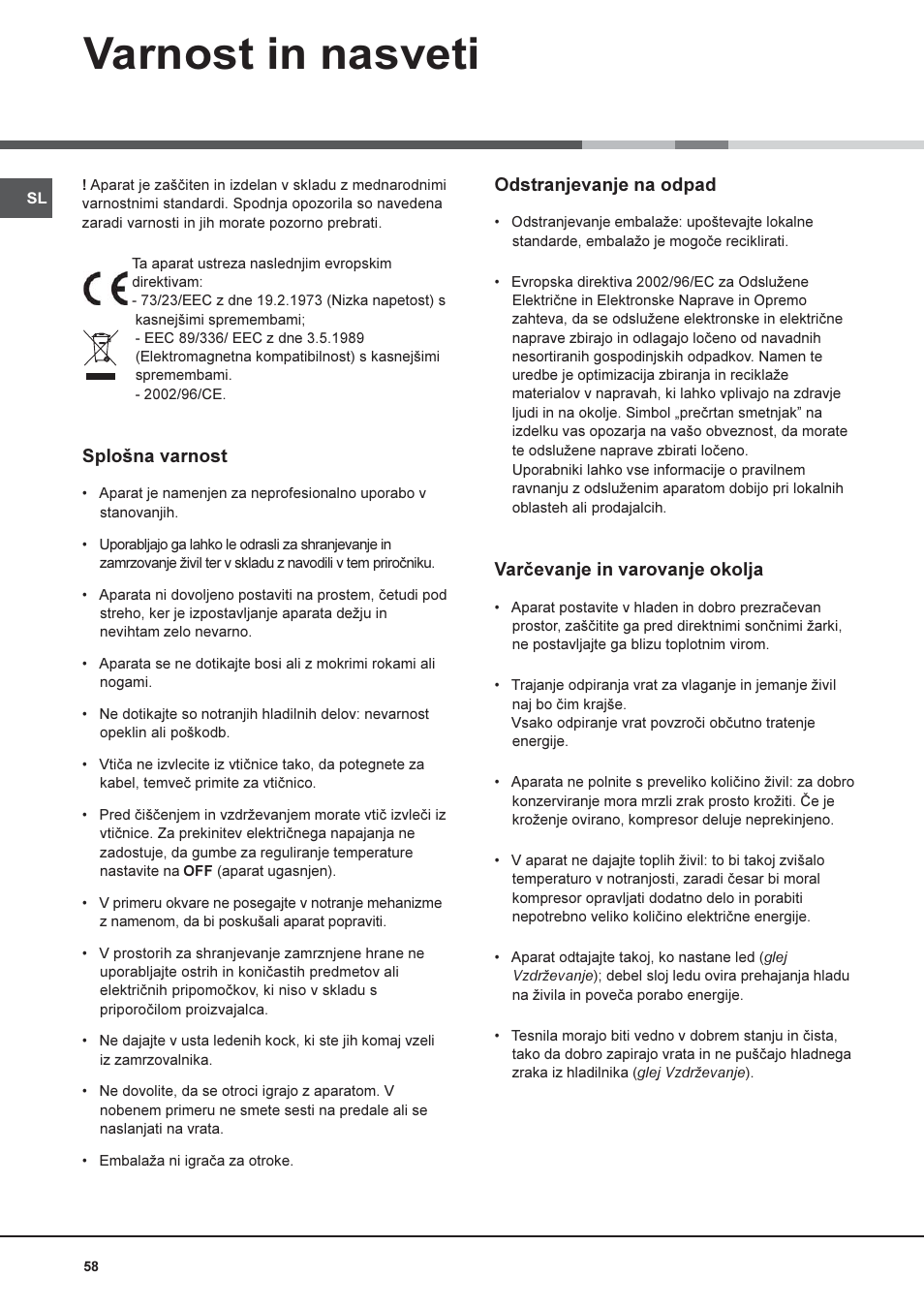 Varnost in nasveti, Splona varnost, Odstranjevanje na odpad | Varèevanje in varovanje okolja | Hotpoint Ariston Combiné NMBL 1922 CVW-HA User Manual | Page 58 / 60