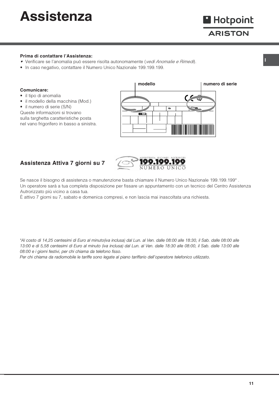 Assistenza, Assistenza attiva 7 giorni su 7, Modello numero di serie | Hotpoint Ariston Combiné NMBL 1921 FW-HA User Manual | Page 11 / 60
