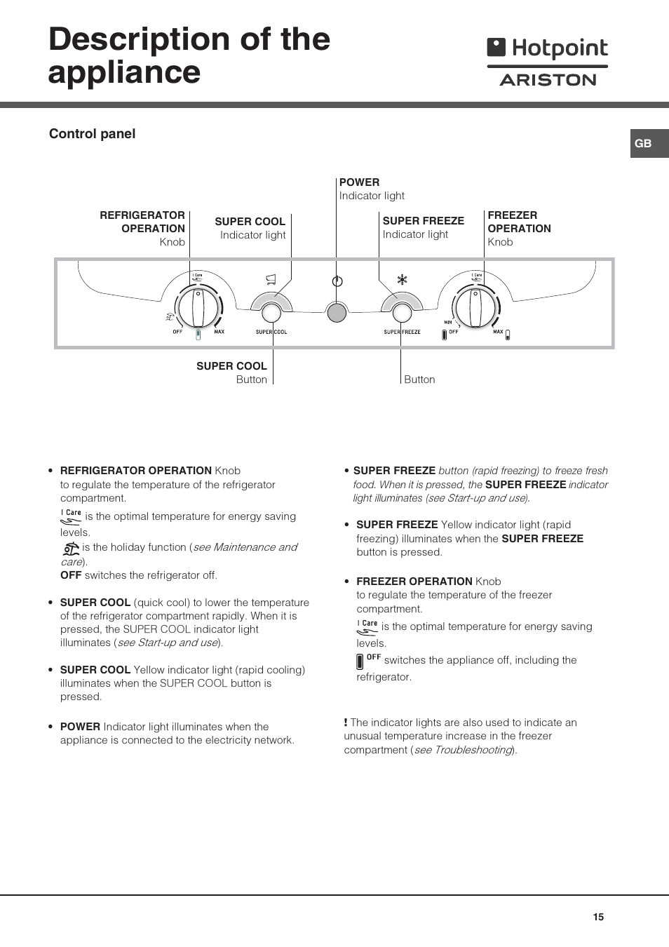 Description of the appliance | Hotpoint Ariston Combiné NMBL 1921 FW-HA User Manual | Page 15 / 60