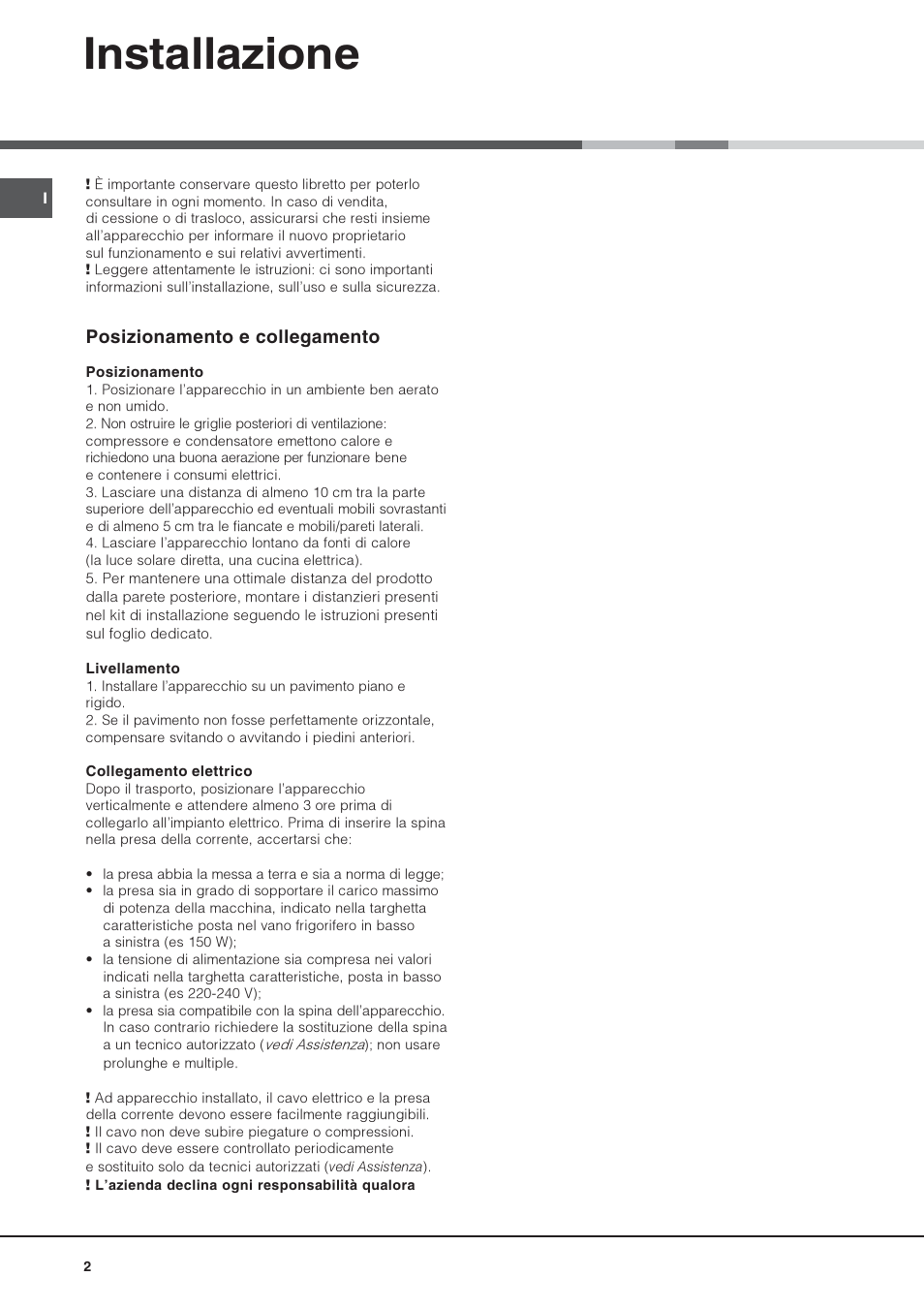 Installazione, Posizionamento e collegamento | Hotpoint Ariston Combiné NMBL 1921 FW-HA User Manual | Page 2 / 60