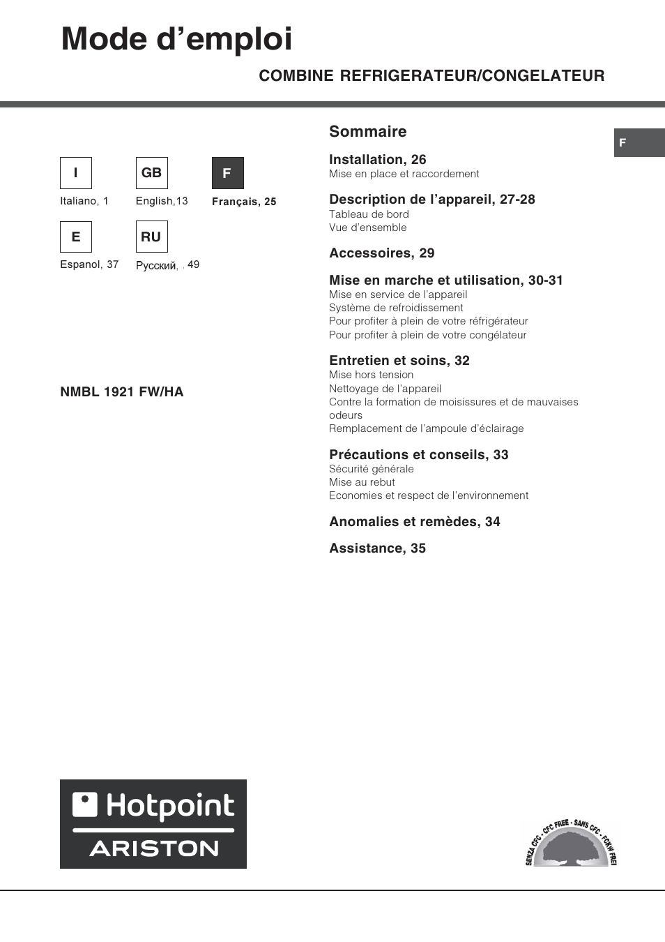 Mode demploi, Combine refrigerateur/congelateur, Sommaire | Hotpoint Ariston Combiné NMBL 1921 FW-HA User Manual | Page 25 / 60