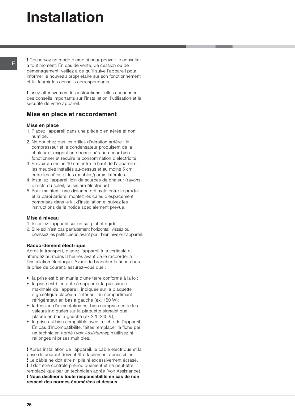 Installation, Mise en place et raccordement | Hotpoint Ariston Combiné NMBL 1921 FW-HA User Manual | Page 26 / 60