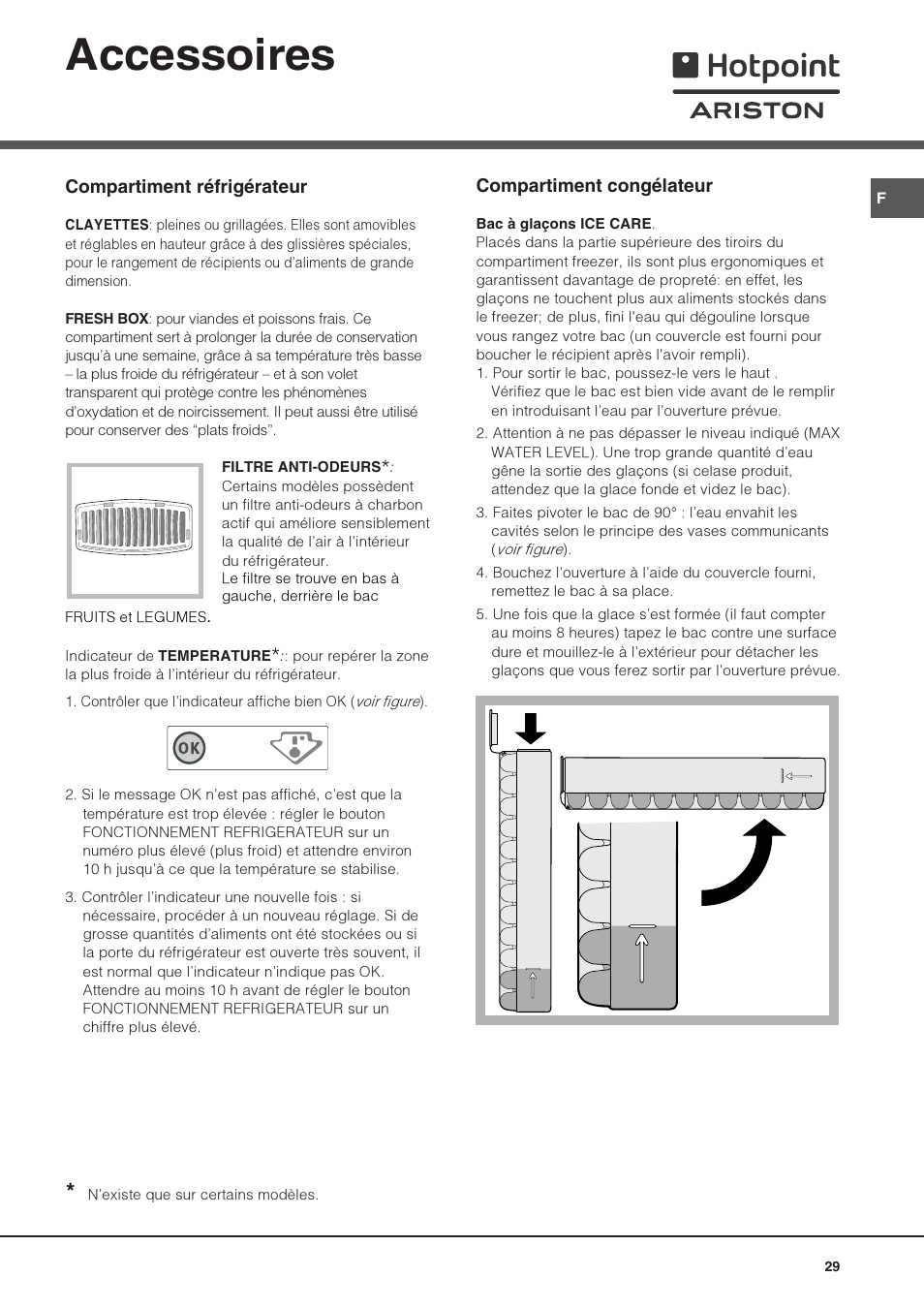 Accessoires, Compartiment congélateur, Compartiment réfrigérateur | Hotpoint Ariston Combiné NMBL 1921 FW-HA User Manual | Page 29 / 60