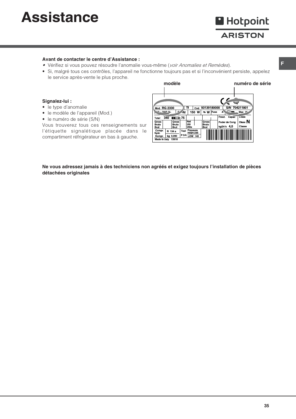 Assistance | Hotpoint Ariston Combiné NMBL 1921 FW-HA User Manual | Page 35 / 60