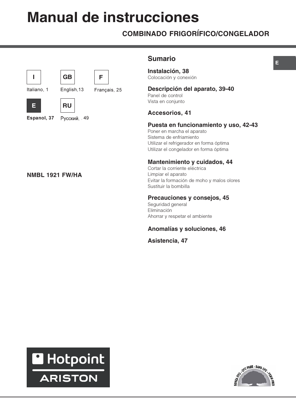 Manual de instrucciones, Combinado frigorífico/congelador, Sumario | Hotpoint Ariston Combiné NMBL 1921 FW-HA User Manual | Page 37 / 60