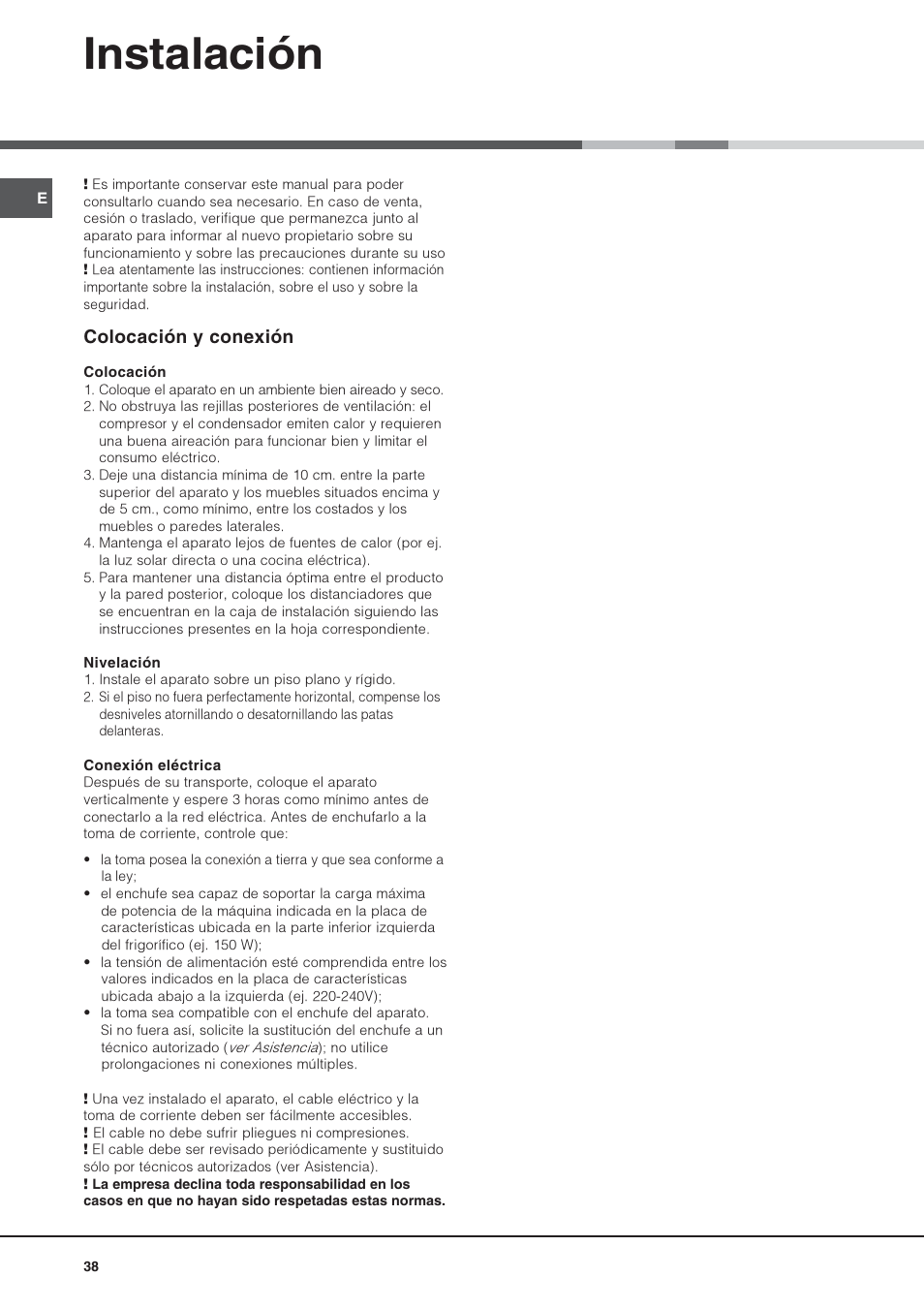 Instalación, Colocación y conexión | Hotpoint Ariston Combiné NMBL 1921 FW-HA User Manual | Page 38 / 60