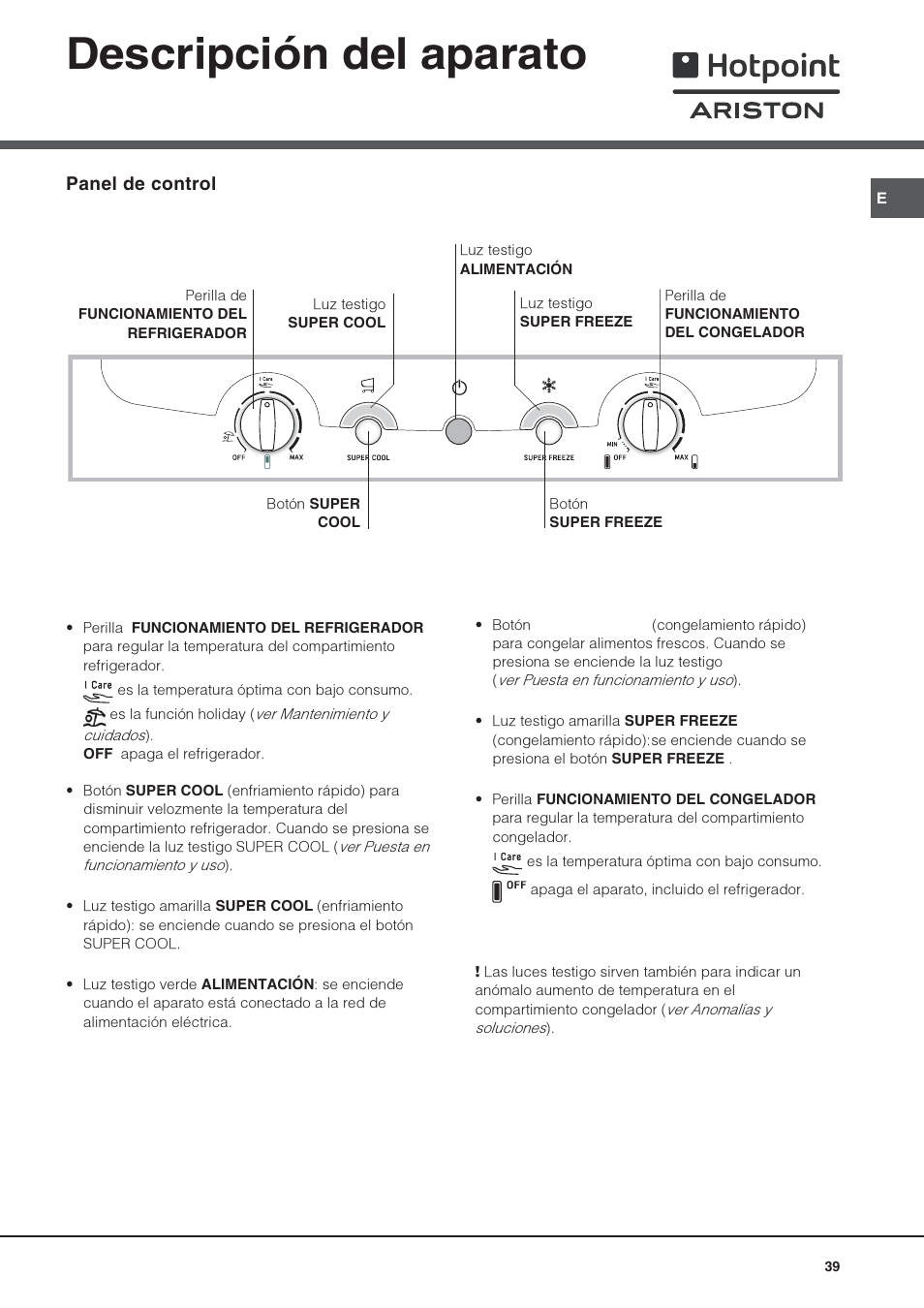 Descripción del aparato | Hotpoint Ariston Combiné NMBL 1921 FW-HA User Manual | Page 39 / 60