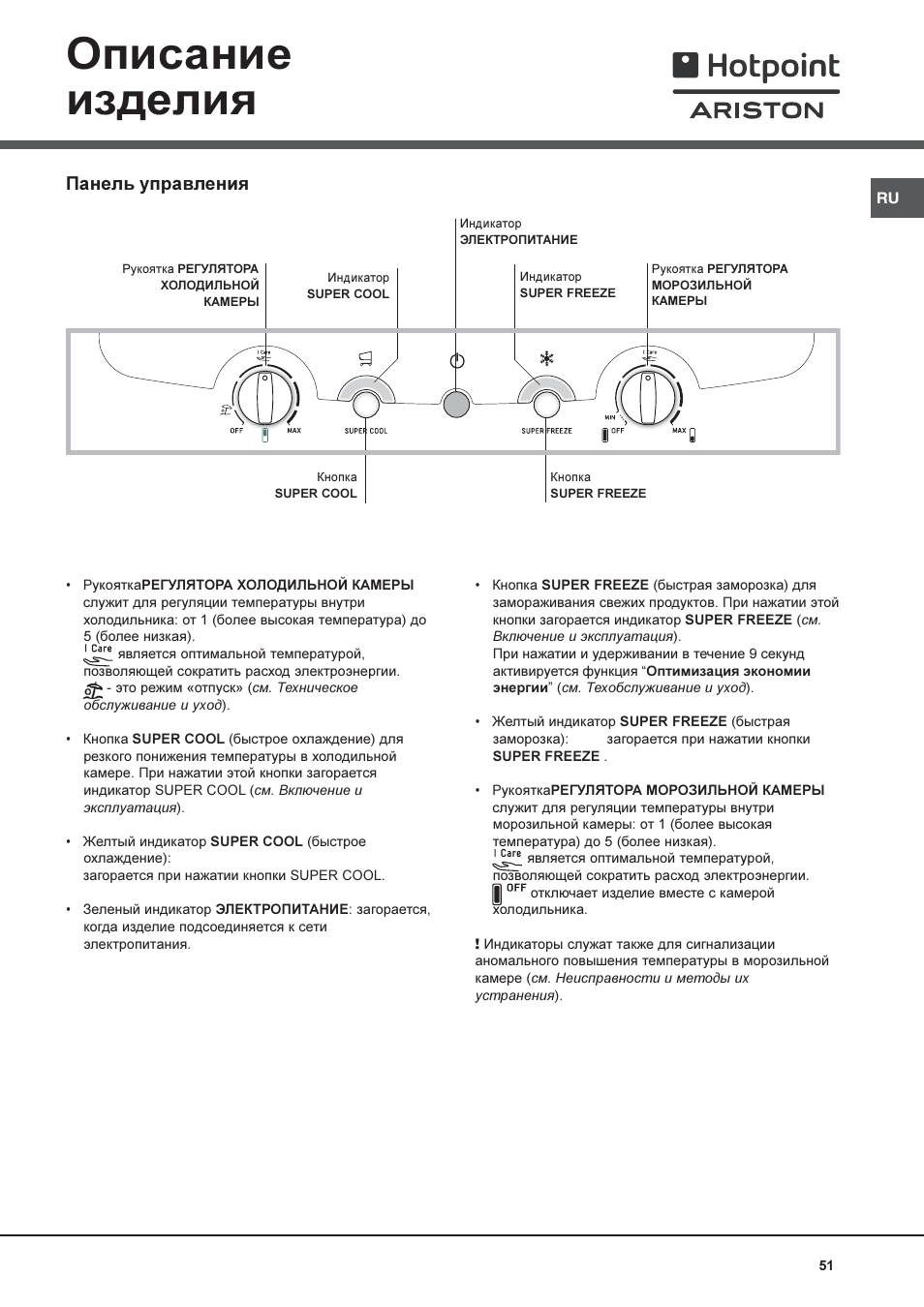 Описание изделия, Панель управления | Hotpoint Ariston Combiné NMBL 1921 FW-HA User Manual | Page 51 / 60