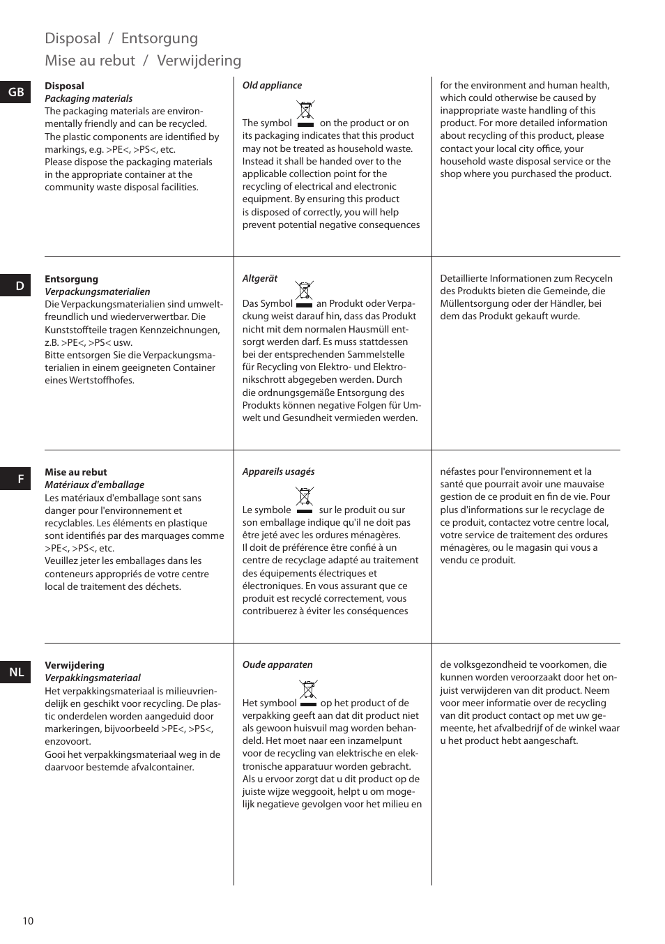 Disposal / entsorgung, Mise au rebut, Verwijdering | Electrolux EHM4400 User Manual | Page 10 / 64