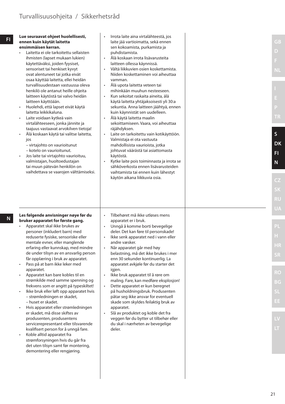 Turvallisuusohjeita, Sikkerhetsråd | Electrolux EHM4400 User Manual | Page 21 / 64