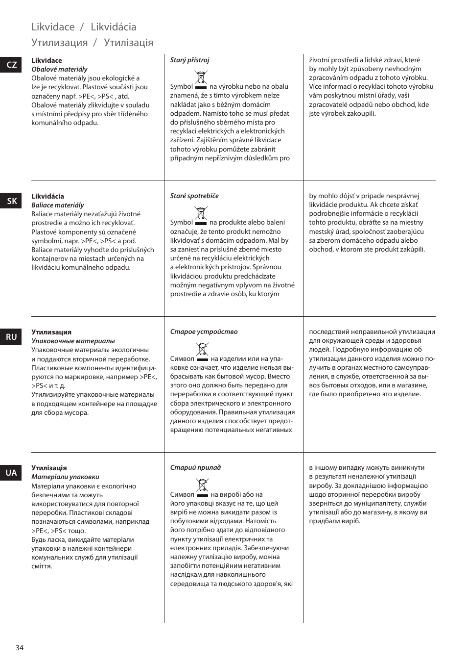 Likvidace, Likvidácia, Утилизация | Утилізація | Electrolux EHM4400 User Manual | Page 34 / 64