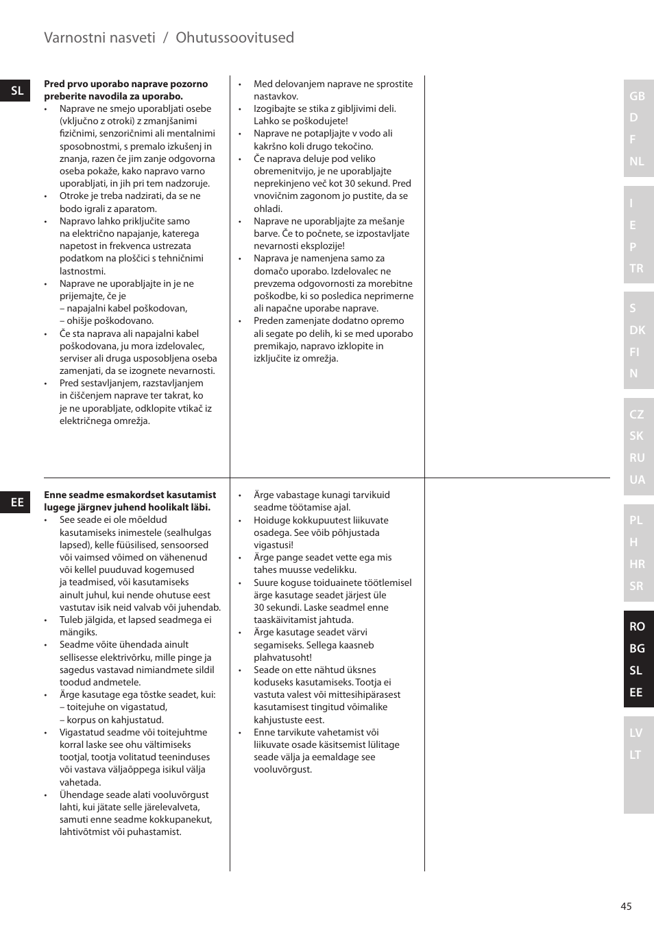 Varnostni nasveti, Ohutussoovitused | Electrolux EHM4400 User Manual | Page 45 / 64
