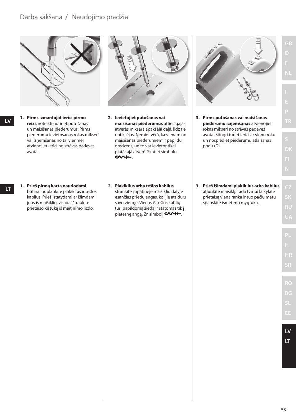 Darba sākšana, Naudojimo pradžia | Electrolux EHM4400 User Manual | Page 53 / 64