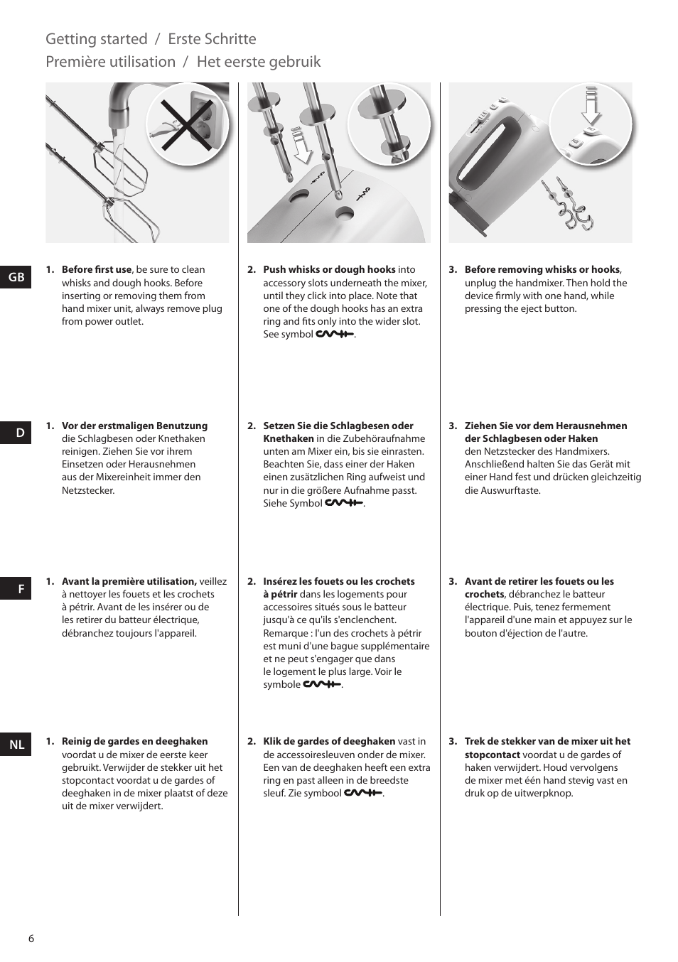 Getting started, Erste schritte, Première utilisation | Het eerste gebruik | Electrolux EHM4400 User Manual | Page 6 / 64