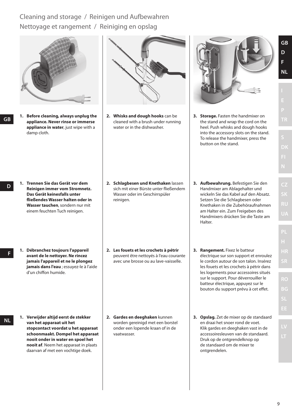 Cleaning and storage / reinigen und aufbewahren, Nettoyage et rangement, Reiniging en opslag | Electrolux EHM4400 User Manual | Page 9 / 64