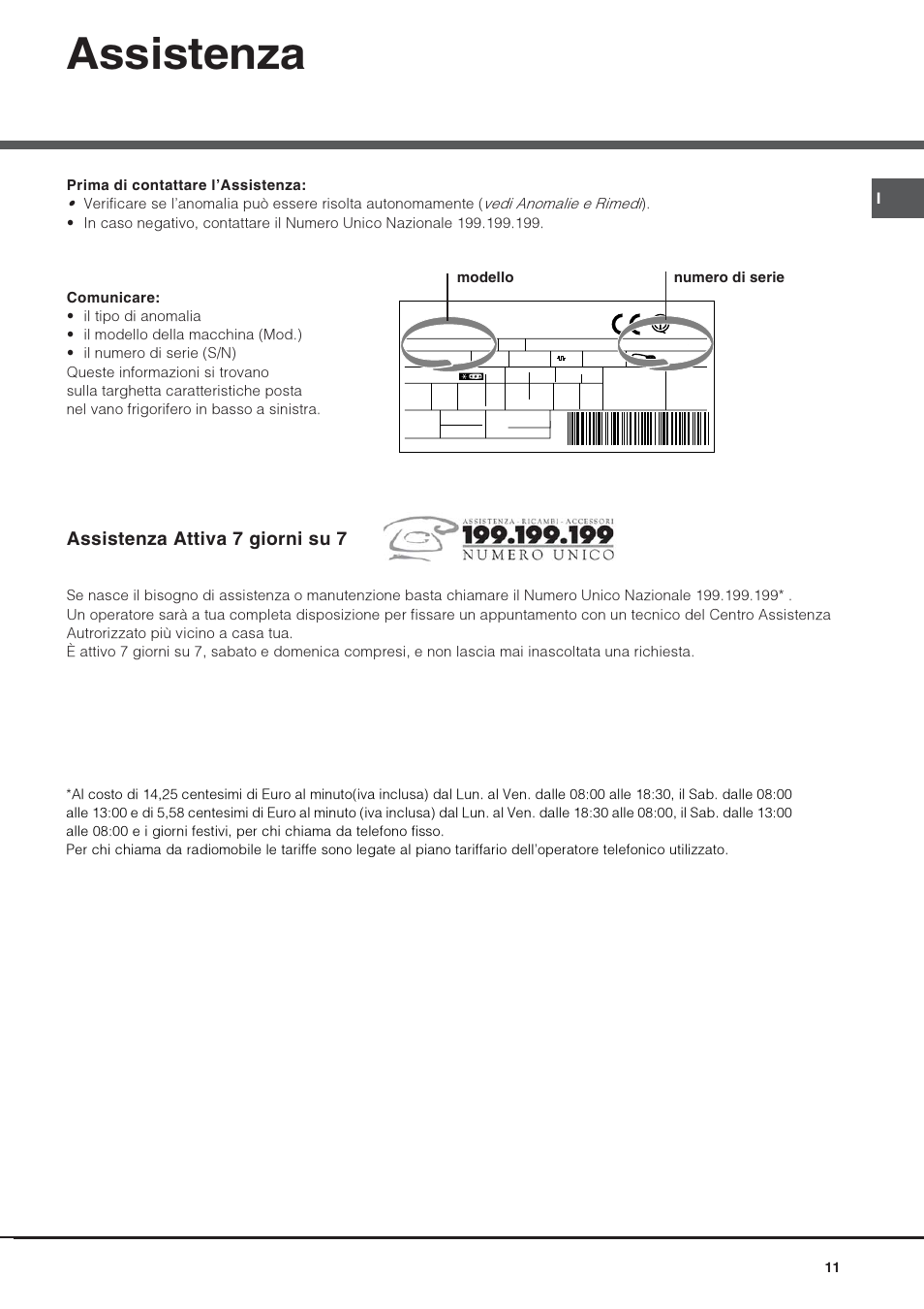 Assistenza, Assistenza attiva 7 giorni su 7, Modello numero di serie | Hotpoint Ariston Combiné NMBL 1922 FW-HA User Manual | Page 11 / 48