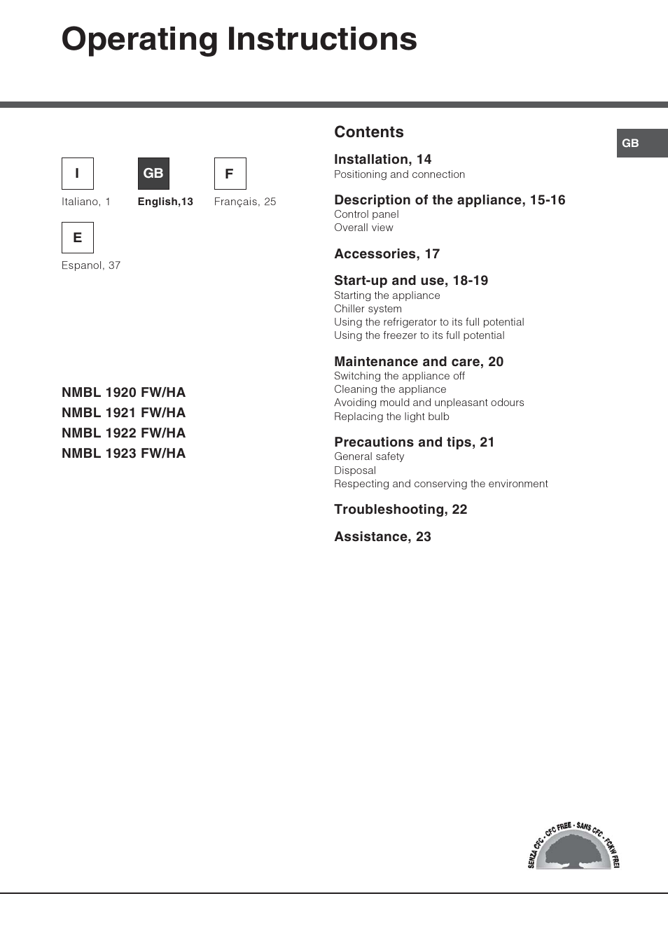 Operating instructions, Refrigerator/freezer combination contents | Hotpoint Ariston Combiné NMBL 1922 FW-HA User Manual | Page 13 / 48