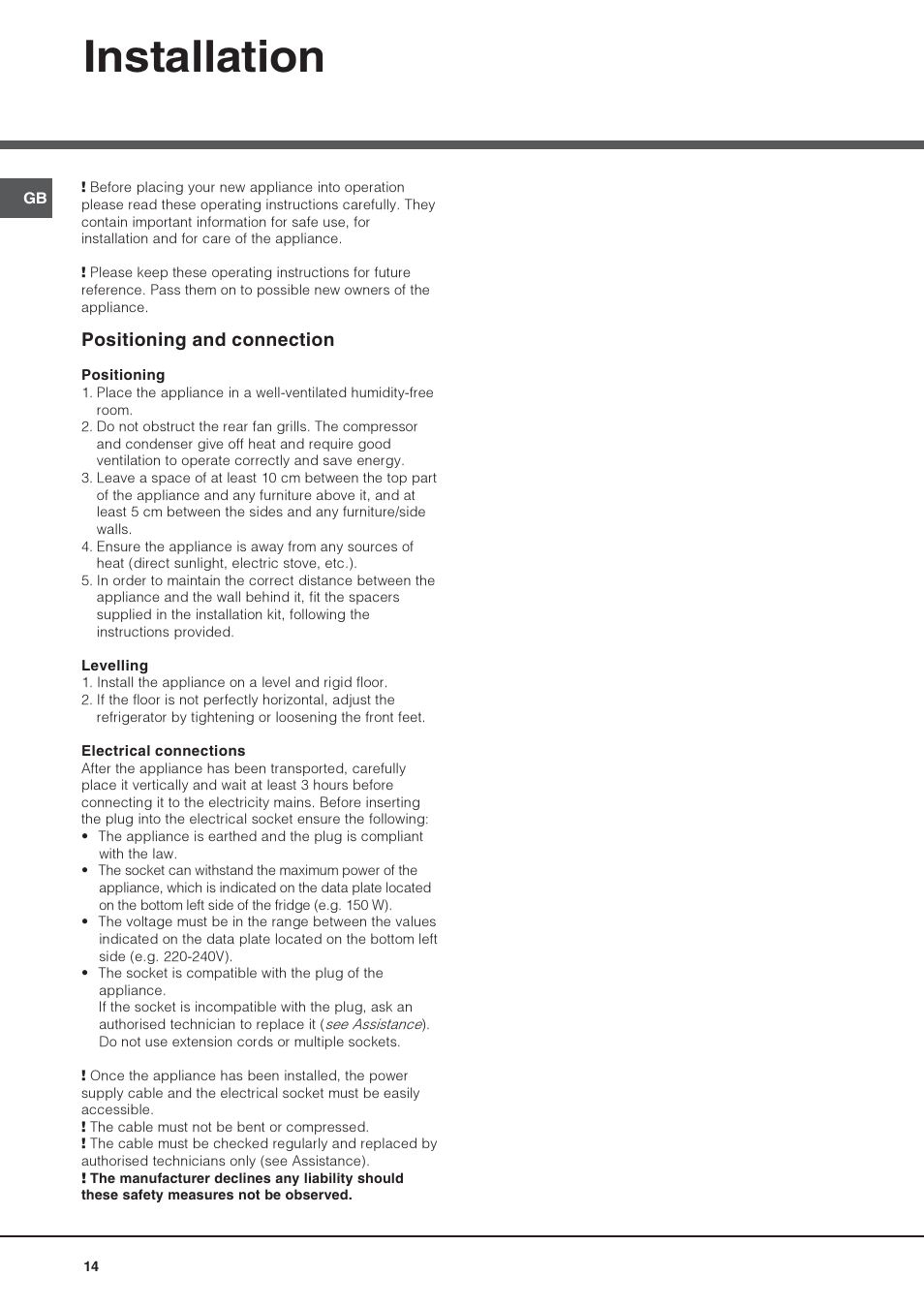 Installation, Positioning and connection | Hotpoint Ariston Combiné NMBL 1922 FW-HA User Manual | Page 14 / 48