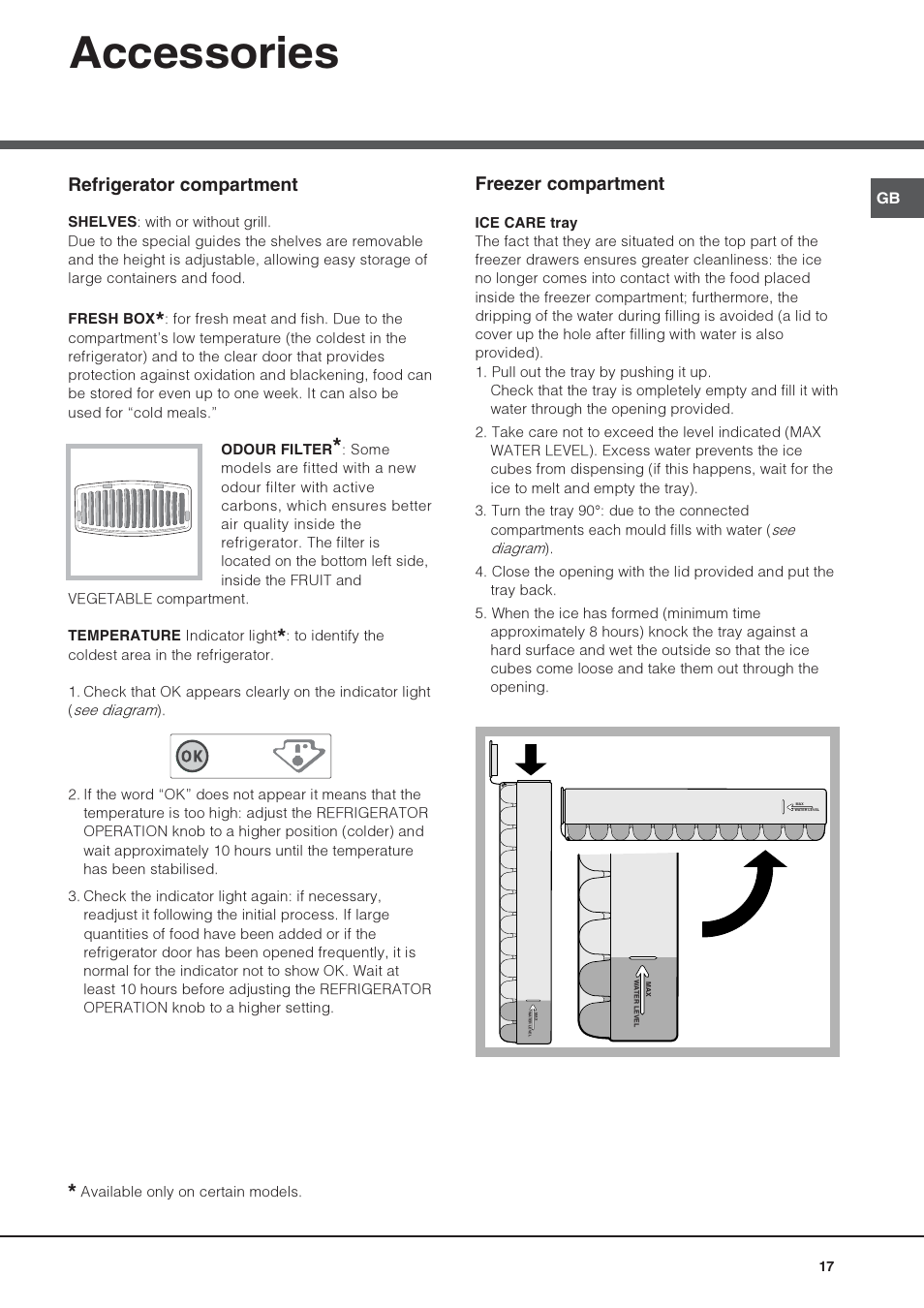 Accessories, Refrigerator compartment, Freezer compartment | Hotpoint Ariston Combiné NMBL 1922 FW-HA User Manual | Page 17 / 48