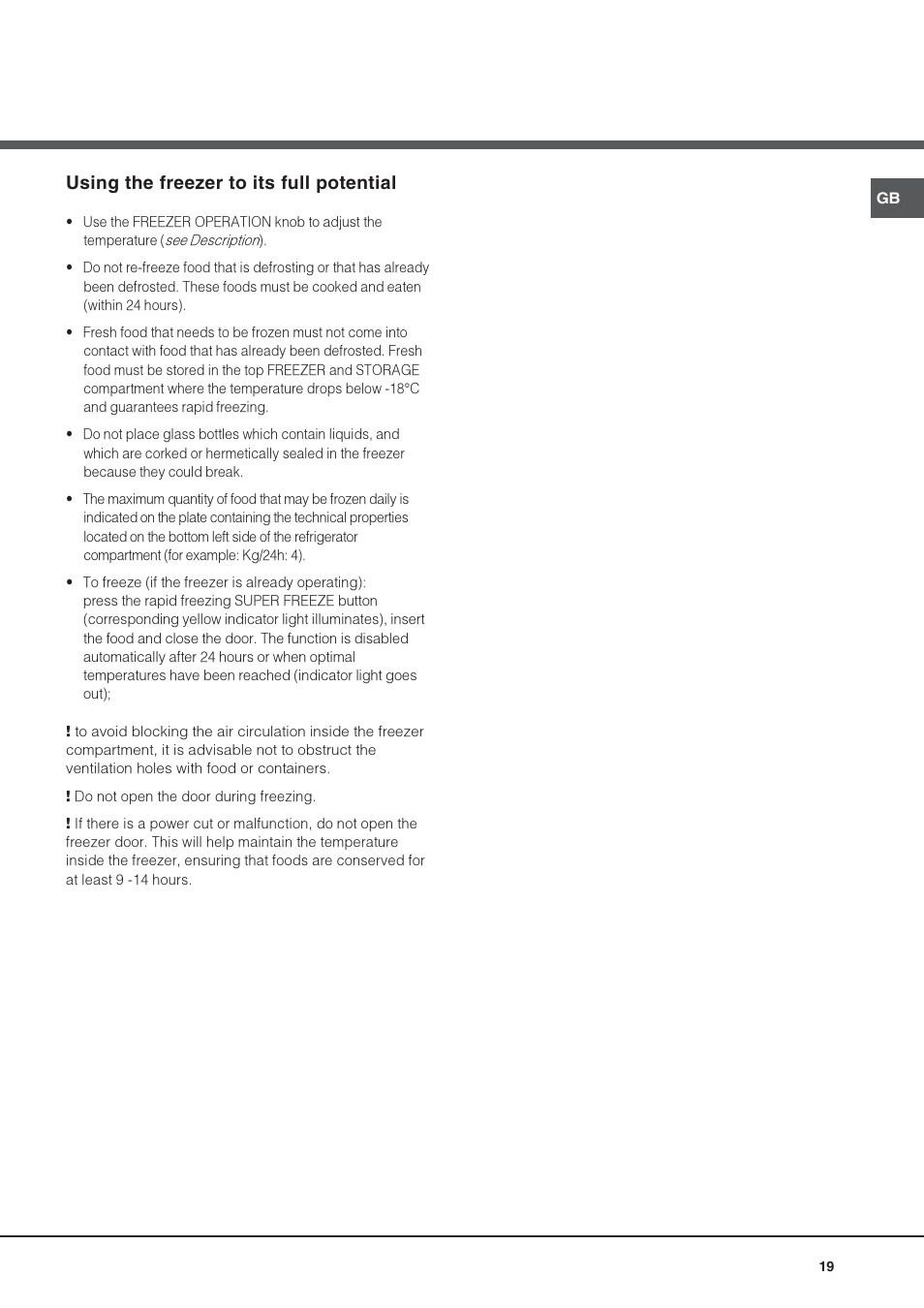 Using the freezer to its full potential | Hotpoint Ariston Combiné NMBL 1922 FW-HA User Manual | Page 19 / 48