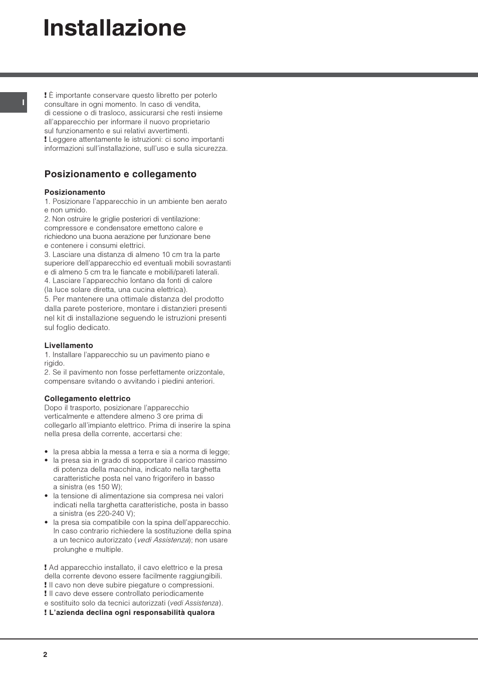 Installazione, Posizionamento e collegamento | Hotpoint Ariston Combiné NMBL 1922 FW-HA User Manual | Page 2 / 48