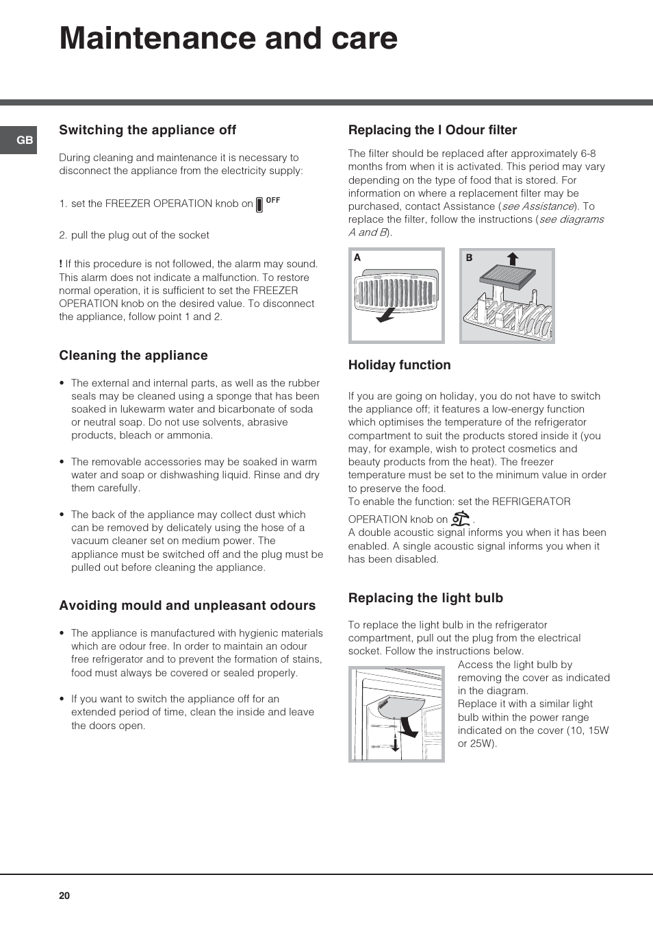 Maintenance and care | Hotpoint Ariston Combiné NMBL 1922 FW-HA User Manual | Page 20 / 48