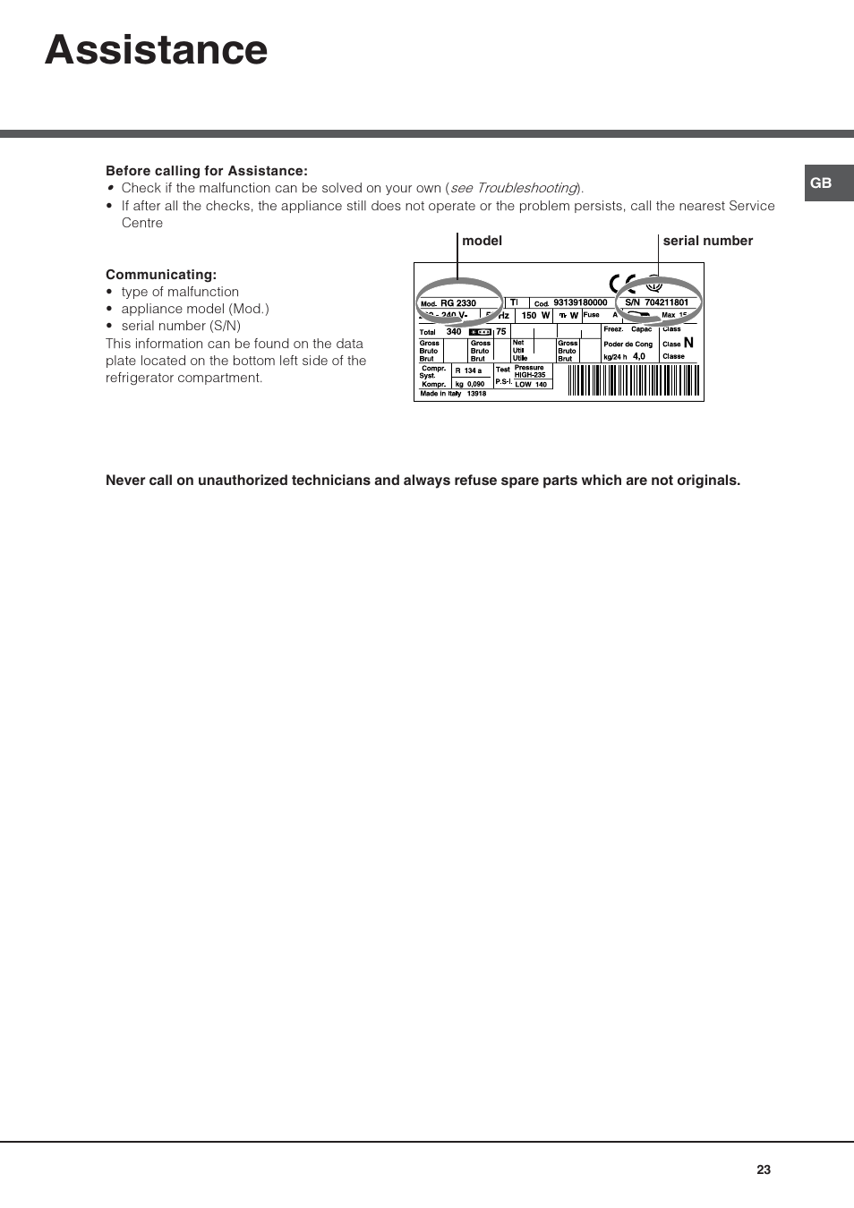 Assistance | Hotpoint Ariston Combiné NMBL 1922 FW-HA User Manual | Page 23 / 48