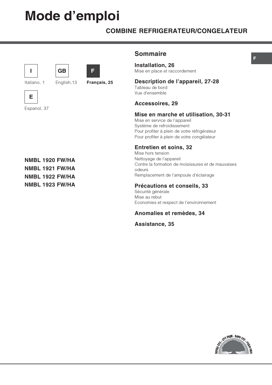 Mode demploi, Combine refrigerateur/congelateur, Sommaire | Hotpoint Ariston Combiné NMBL 1922 FW-HA User Manual | Page 25 / 48