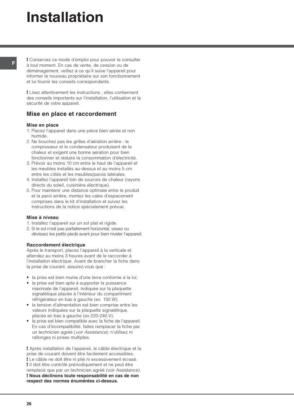 Installation, Mise en place et raccordement | Hotpoint Ariston Combiné NMBL 1922 FW-HA User Manual | Page 26 / 48