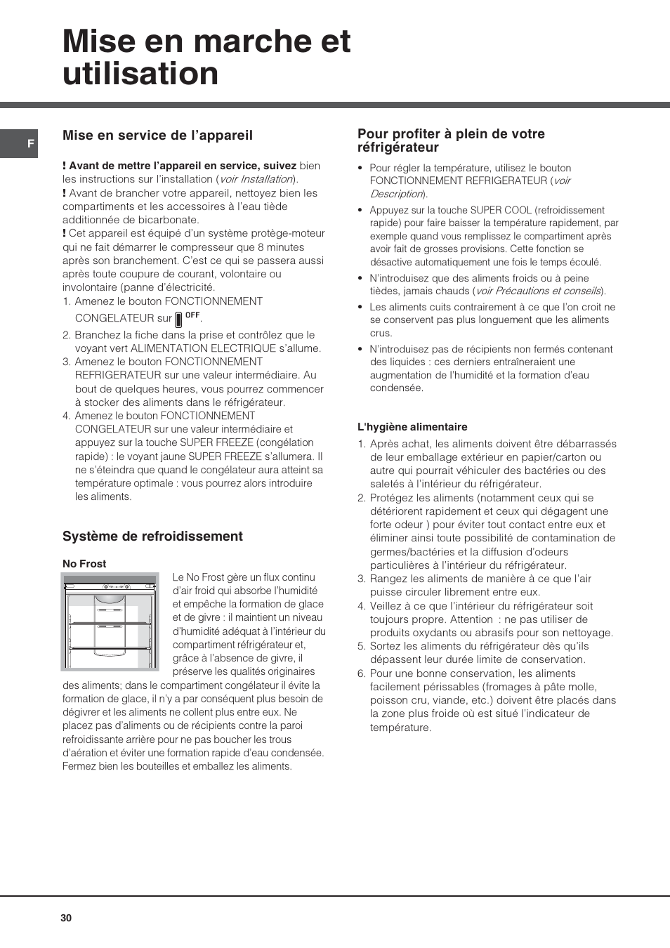 Mise en marche et utilisation | Hotpoint Ariston Combiné NMBL 1922 FW-HA User Manual | Page 30 / 48