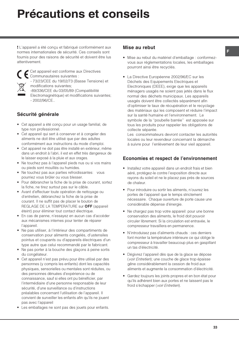 Précautions et conseils, Sécurité générale, Mise au rebut | Economies et respect de lenvironnement | Hotpoint Ariston Combiné NMBL 1922 FW-HA User Manual | Page 33 / 48