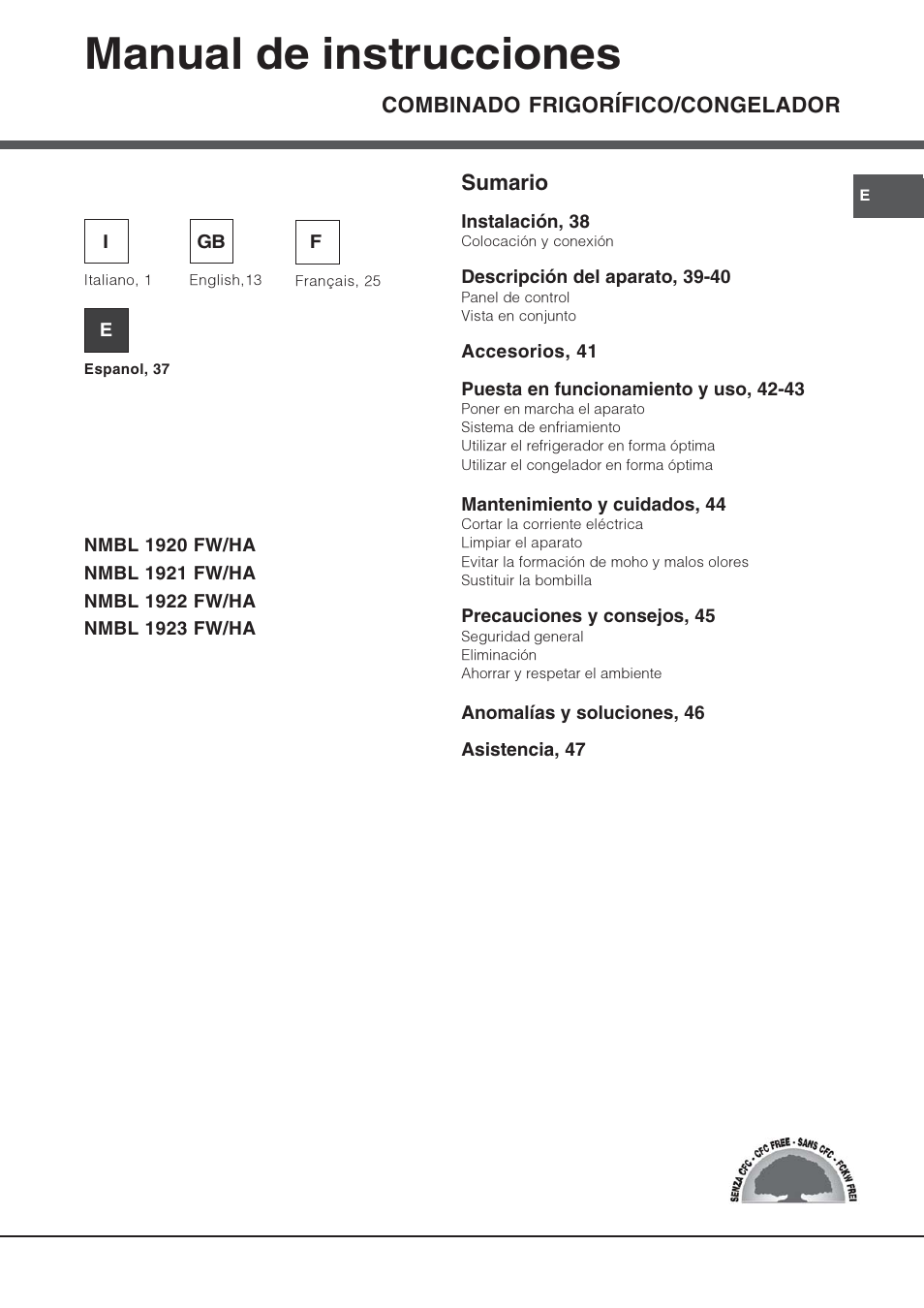 Manual de instrucciones, Combinado frigorífico/congelador, Sumario | Hotpoint Ariston Combiné NMBL 1922 FW-HA User Manual | Page 37 / 48