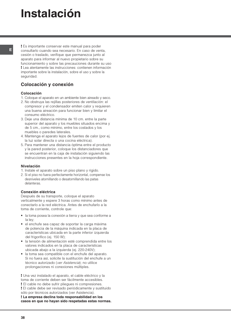 Instalación, Colocación y conexión | Hotpoint Ariston Combiné NMBL 1922 FW-HA User Manual | Page 38 / 48