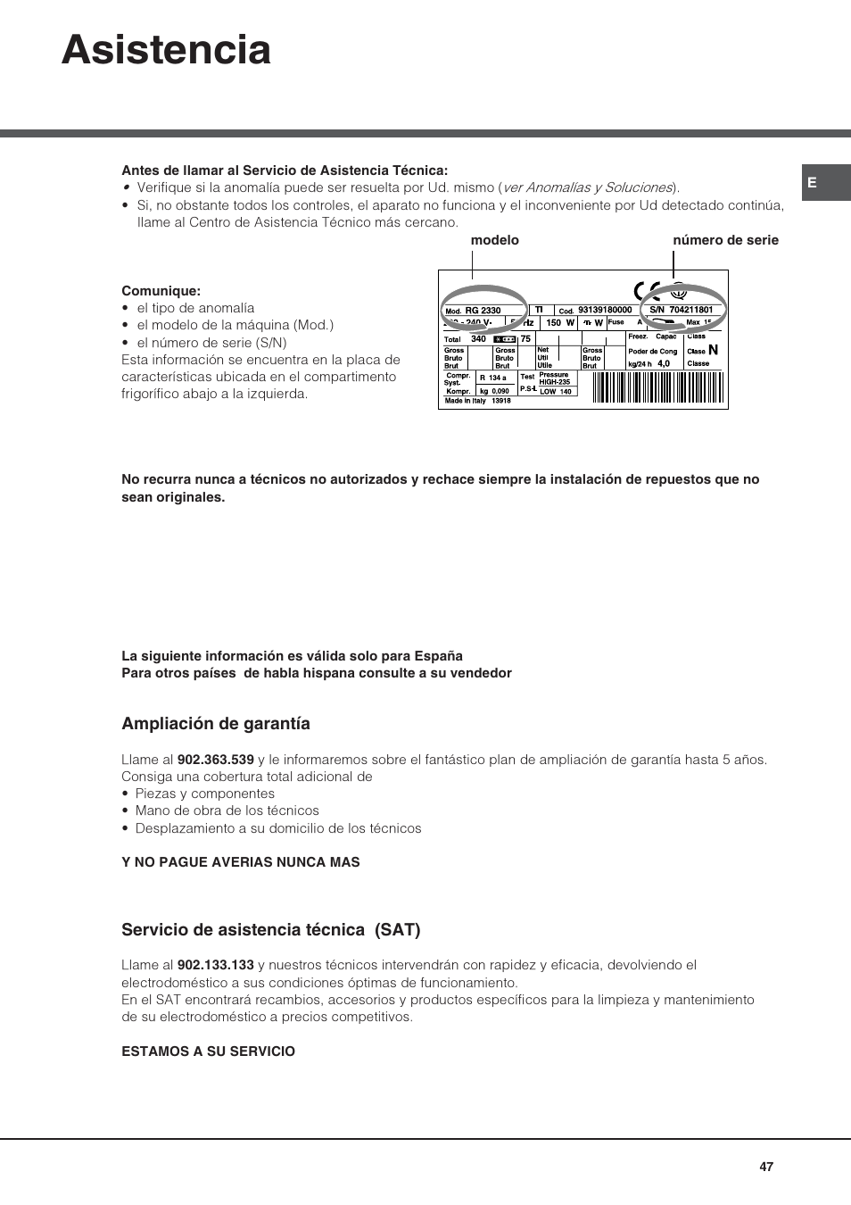 Asistencia | Hotpoint Ariston Combiné NMBL 1922 FW-HA User Manual | Page 47 / 48