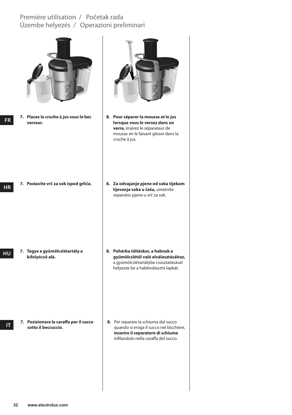 Première utilisation, Operazioni preliminari, Üzembe helyezés | Početak rada | Electrolux ESF2000 User Manual | Page 32 / 88