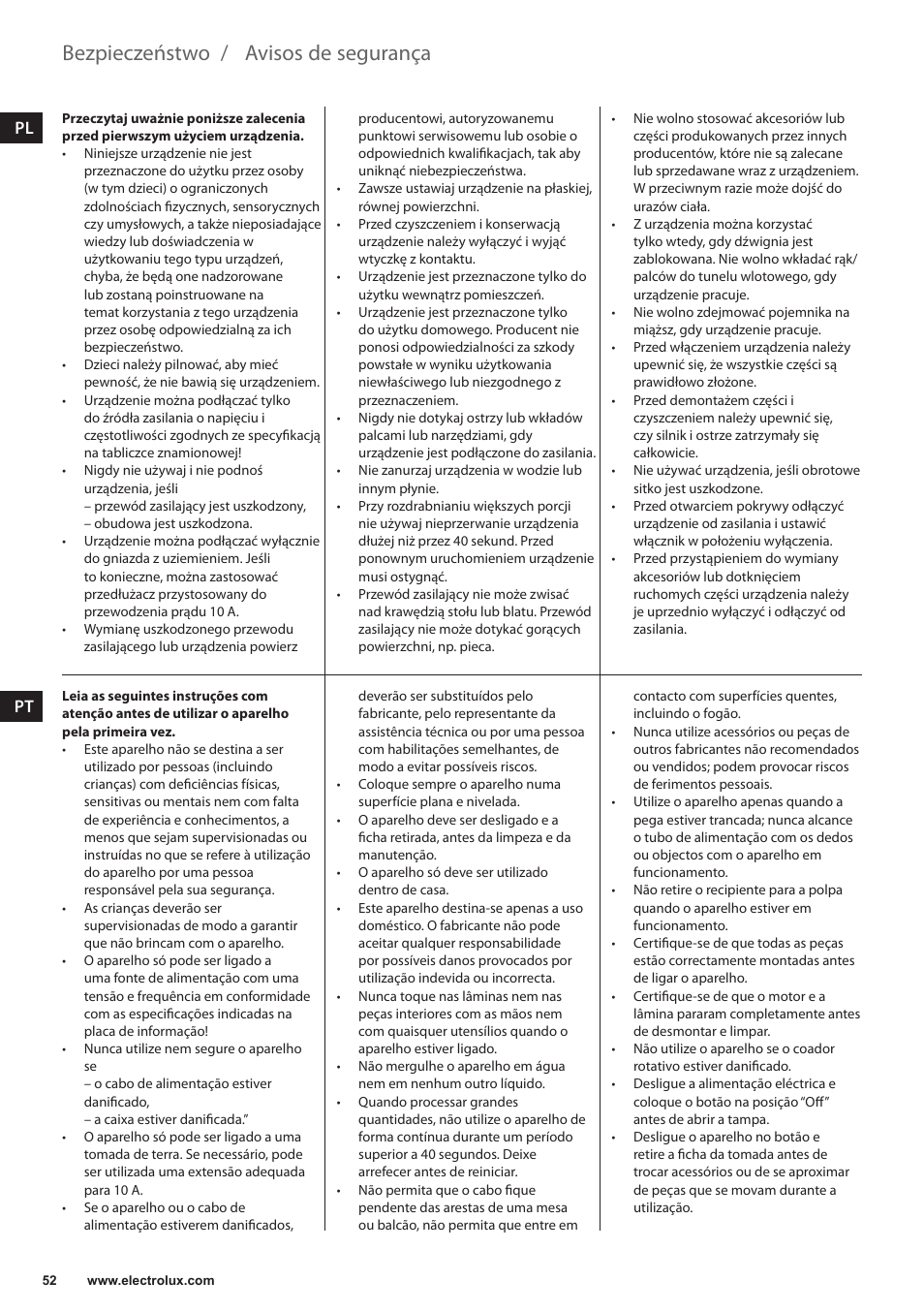 Avisos de segurança, Bezpieczeństwo | Electrolux ESF2000 User Manual | Page 52 / 88