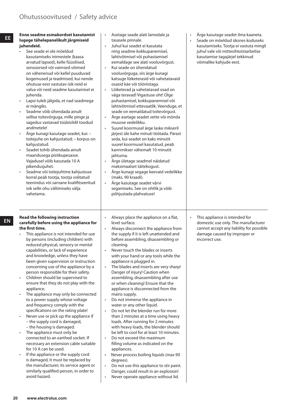 Safety advice, Ohutussoovitused | Electrolux ESB3400 User Manual | Page 20 / 112