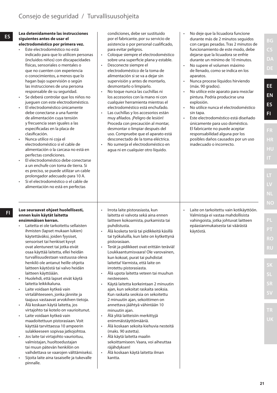 Turvallisuusohjeita, Consejo de seguridad | Electrolux ESB3400 User Manual | Page 21 / 112