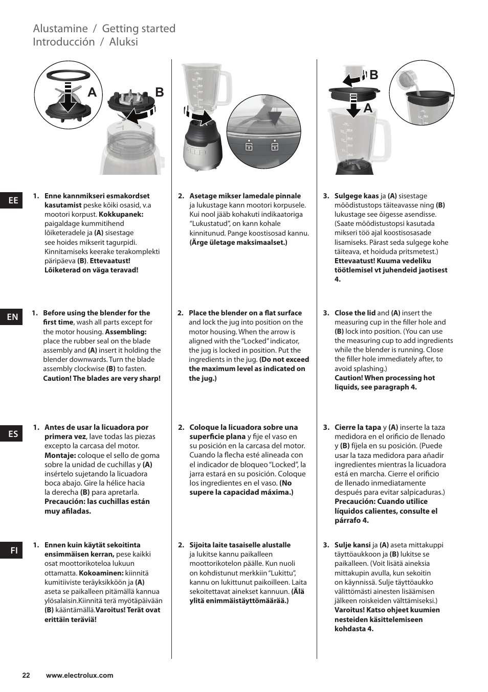 Ab a b, Aluksi, Introducción | Getting started, Alustamine | Electrolux ESB3400 User Manual | Page 22 / 112