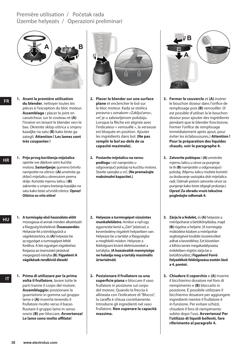 Ab a b, Operazioni preliminari, Üzembe helyezés | Početak rada, Première utilisation | Electrolux ESB3400 User Manual | Page 38 / 112