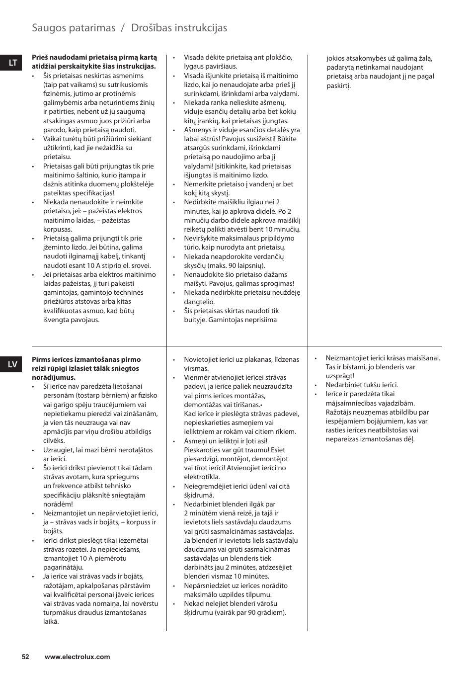 Drošības instrukcijas, Saugos patarimas | Electrolux ESB3400 User Manual | Page 52 / 112