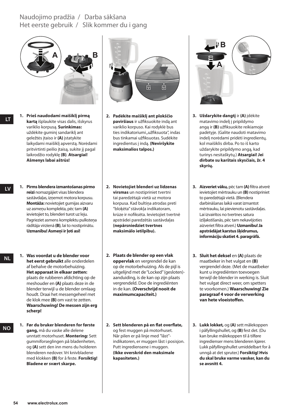 Ab a b, Slik kommer du i gang, Het eerste gebruik | Darba sākšana, Naudojimo pradžia | Electrolux ESB3400 User Manual | Page 54 / 112