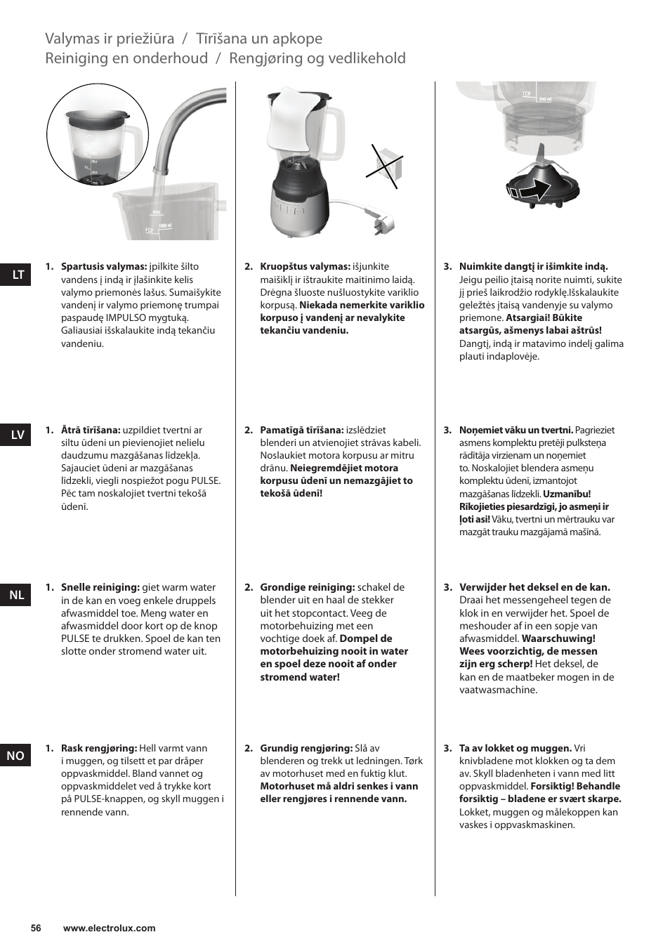 Rengjøring og vedlikehold, Reiniging en onderhoud, Tīrīšana un apkope | Valymas ir priežiūra | Electrolux ESB3400 User Manual | Page 56 / 112