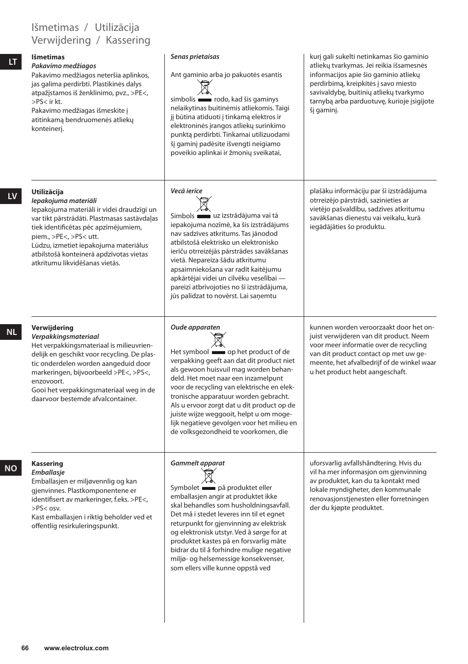 Kassering, Verwijdering, Utilizācija | Išmetimas | Electrolux ESB3400 User Manual | Page 66 / 112