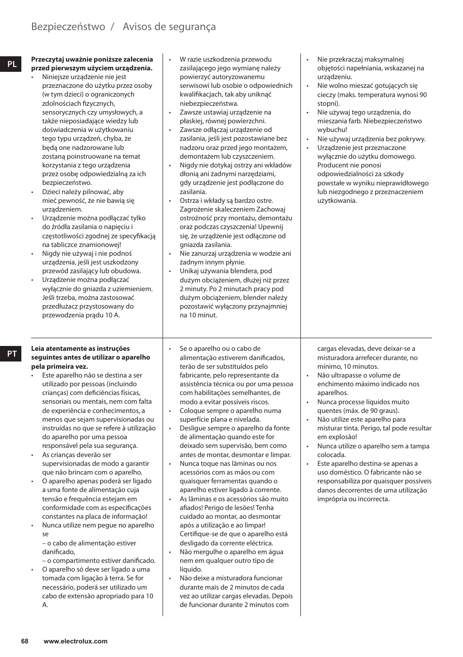 Avisos de segurança, Bezpieczeństwo | Electrolux ESB3400 User Manual | Page 68 / 112