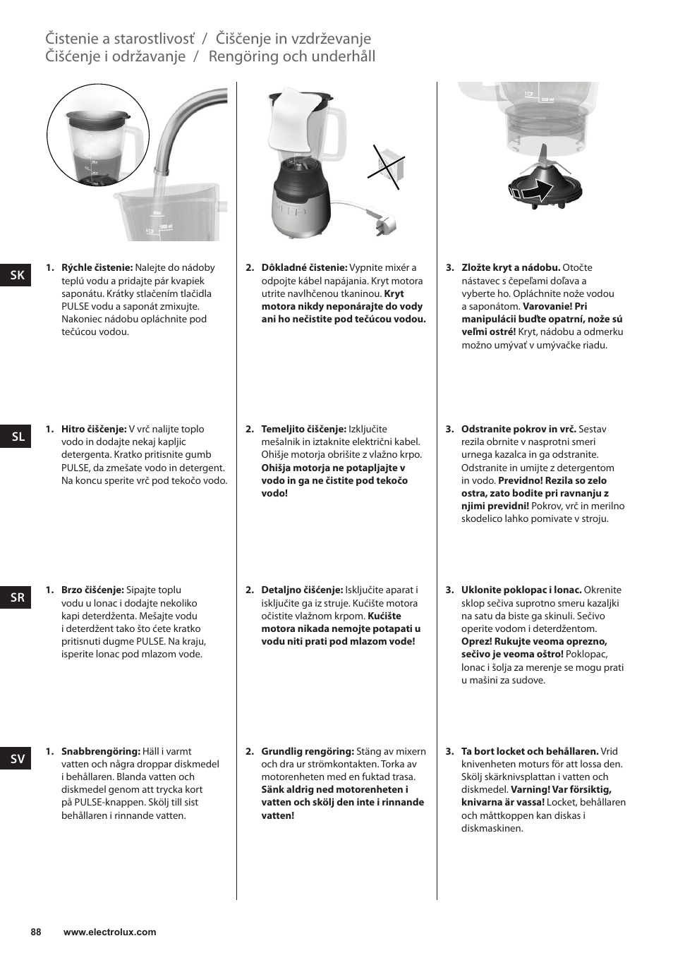 Rengöring och underhåll, Čišćenje i održavanje, Čiščenje in vzdrževanje | Čistenie a starostlivosť | Electrolux ESB3400 User Manual | Page 88 / 112