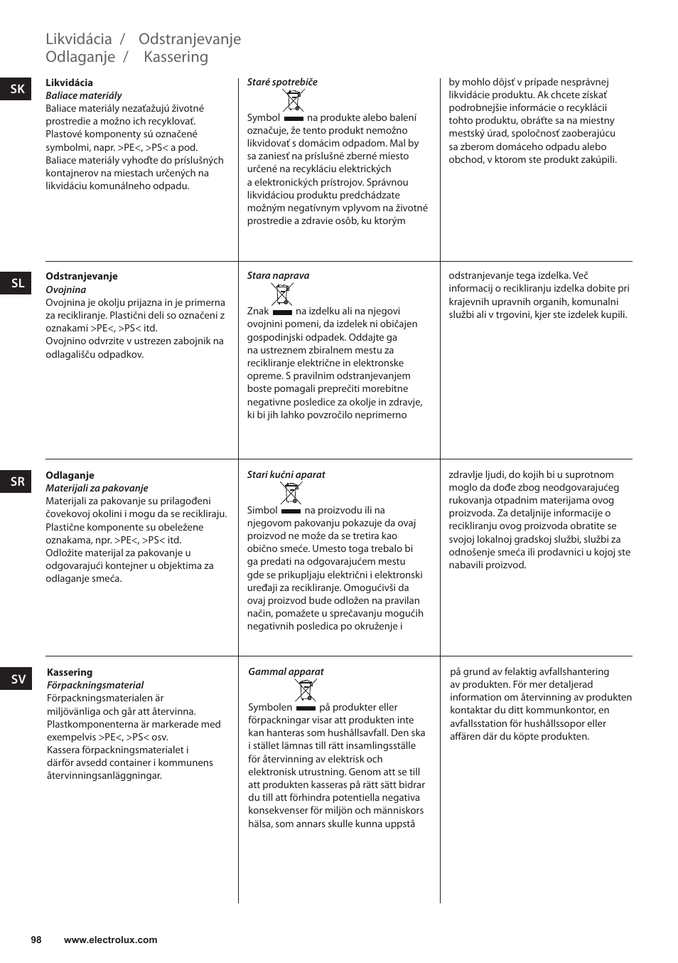 Kassering, Odlaganje, Odstranjevanje | Likvidácia | Electrolux ESB3400 User Manual | Page 98 / 112