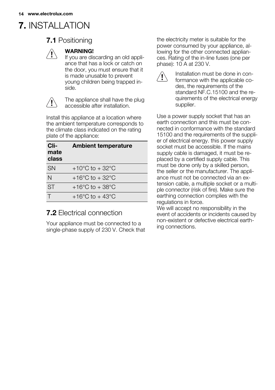 Installation, 1 positioning, 2 electrical connection | Electrolux ERN3313AOW User Manual | Page 14 / 24